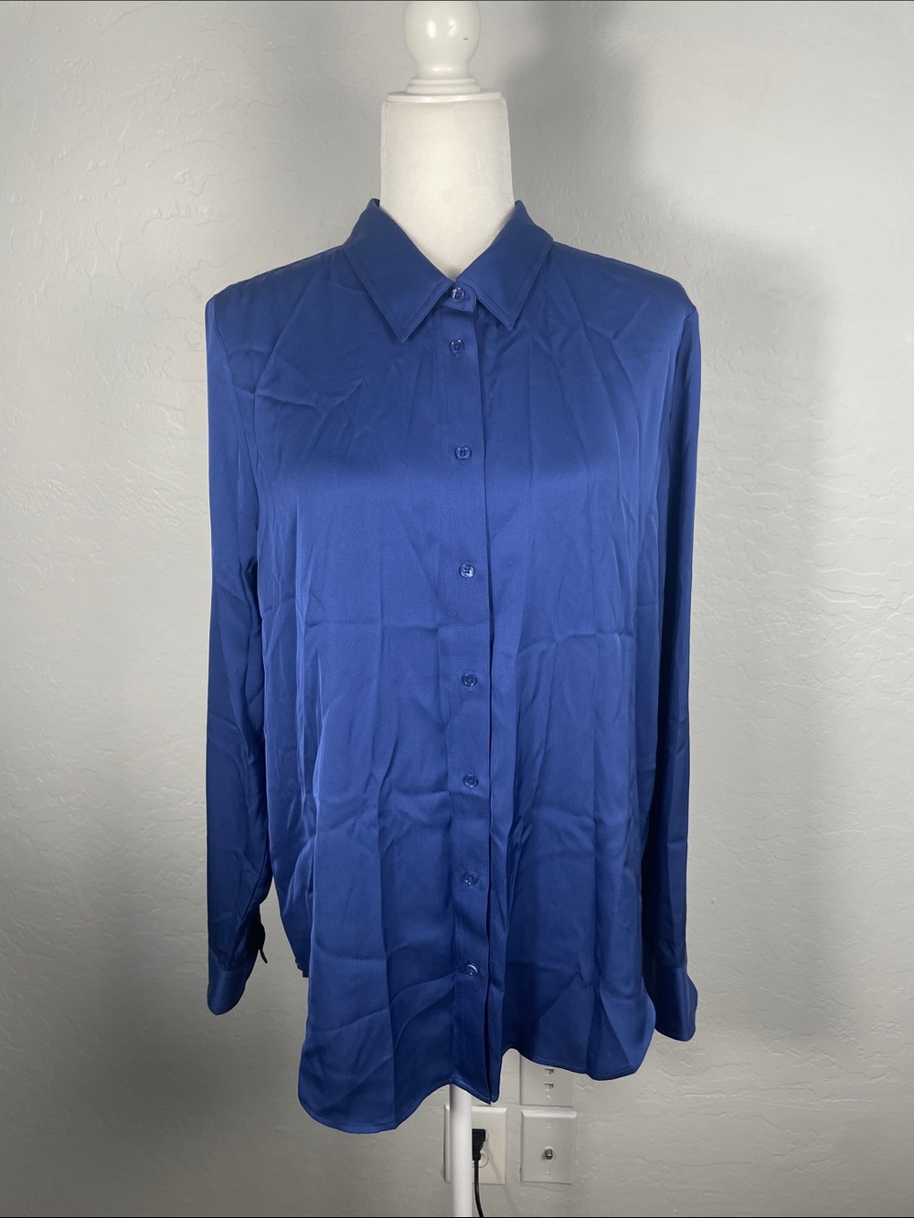NEW Quince Royal Blue Stretch Silk Blend Button Up Blouse Career Size XL